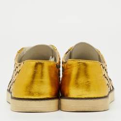 Pre Owned Bottega Veneta Gold/White Intrecciato Leather and Suede Low Top Sneakers Size 38