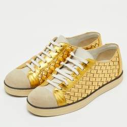 Pre Owned Bottega Veneta Gold/White Intrecciato Leather and Suede Low Top Sneakers Size 38