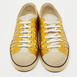 Pre Owned Bottega Veneta Gold/White Intrecciato Leather and Suede Low Top Sneakers Size 38