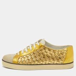 Pre Owned Bottega Veneta Gold/White Intrecciato Leather and Suede Low Top Sneakers Size 38