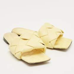 Pre Owned Bottega Veneta Yellow Intrecciato Leather Lido Flat Sandals Size 39.5