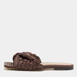 Pre Owned Bottega Veneta Dark Brown Woven Straw Lido Flat Slide Size 38
