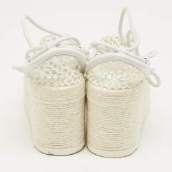 Pre Owned Bottega Veneta White Mesh and Leather Sporty Web Wedge Espadrille Sandals Size 39