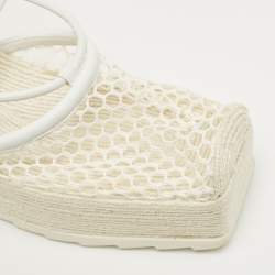 Pre Owned Bottega Veneta White Mesh and Leather Sporty Web Wedge Espadrille Sandals Size 39