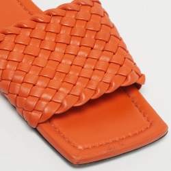 Pre Owned Bottega Veneta Orange Intrecciato Leather Flat Sandals Size 37