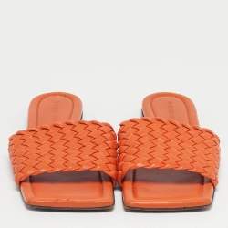 Pre Owned Bottega Veneta Orange Intrecciato Leather Flat Sandals Size 37
