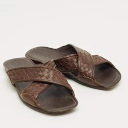 Pre Owned Bottega Veneta Brown Intrecciato Leather Crisscross Flat Slide Size 40