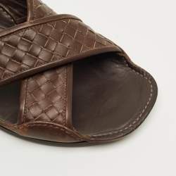 Pre Owned Bottega Veneta Brown Intrecciato Leather Crisscross Flat Slide Size 40