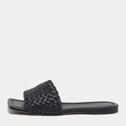 Pre Owned Bottega Veneta Black Intrecciato Leather Flat Sandals Size 36