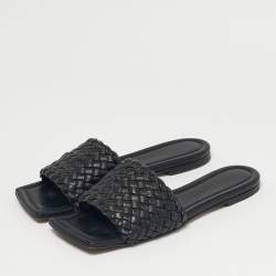 Pre Owned Bottega Veneta Black Intrecciato Leather Flat Sandals Size 36