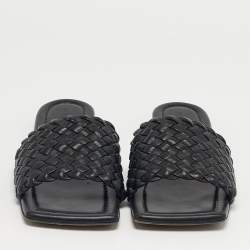 Pre Owned Bottega Veneta Black Intrecciato Leather Flat Sandals Size 36
