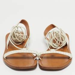 Pre Owned Bottega Veneta White Intrecciato Leather Ankle Wrap Flat Sandals Size 39