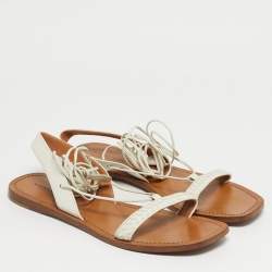 Pre Owned Bottega Veneta White Intrecciato Leather Ankle Wrap Flat Sandals Size 39