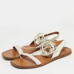 Pre Owned Bottega Veneta White Intrecciato Leather Ankle Wrap Flat Sandals Size 39