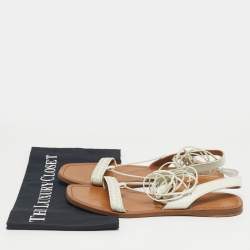 Pre Owned Bottega Veneta White Intrecciato Leather Ankle Wrap Flat Sandals Size 39