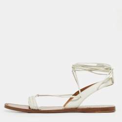 Pre Owned Bottega Veneta White Intrecciato Leather Ankle Wrap Flat Sandals Size 39