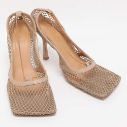 Pre Owned Bottega Veneta Beige Mesh and Leather Stretch Pumps Size 40.5