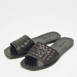 Pre Owned Bottega Veneta Black Intrecciato Leather Flat Slides Size 35