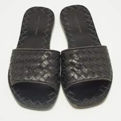 Pre Owned Bottega Veneta Black Intrecciato Leather Flat Slides Size 35