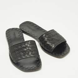 Pre Owned Bottega Veneta Black Intrecciato Leather Flat Slides Size 35