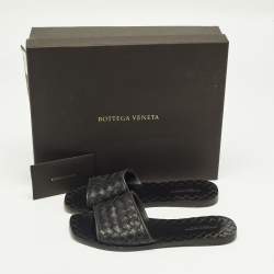Pre Owned Bottega Veneta Black Intrecciato Leather Flat Slides Size 35