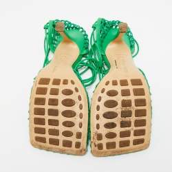 Pre Owned Bottega Veneta Green Leather and Mesh Stretch Sandals Size 36.5