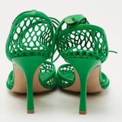 Pre Owned Bottega Veneta Green Leather and Mesh Stretch Sandals Size 36.5