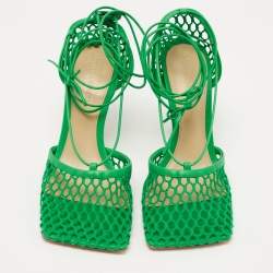 Pre Owned Bottega Veneta Green Leather and Mesh Stretch Sandals Size 36.5