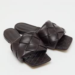 Pre Owned Bottega Veneta Dark Brown Leather Lido Flat Slide Sandals Size 36.5