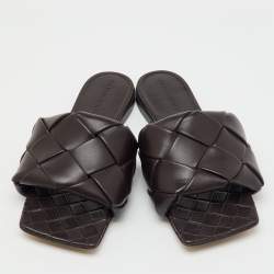 Pre Owned Bottega Veneta Dark Brown Leather Lido Flat Slide Sandals Size 36.5