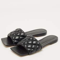 Pre Owned Bottega Veneta Black Intrecciato Leather Lido Flat Slide Sandals Size 38