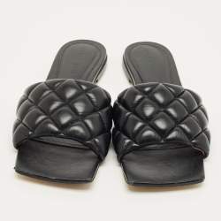 Pre Owned Bottega Veneta Black Intrecciato Leather Lido Flat Slide Sandals Size 38
