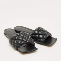 Pre Owned Bottega Veneta Black Intrecciato Leather Lido Flat Slide Sandals Size 38