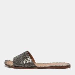 Pre Owned Bottega Veneta Metallic Intrecciato Leather Ravello Flat Slides Size 40