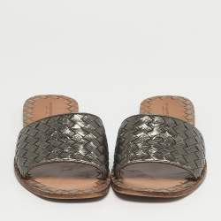 Pre Owned Bottega Veneta Metallic Intrecciato Leather Ravello Flat Slides Size 40