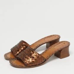 Pre Owned Bottega Veneta Bronze Intrecciato Leather Ravello Slide Sandals Size 41