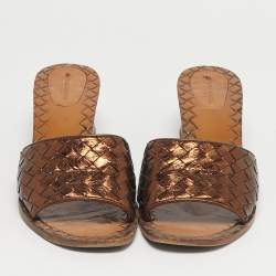 Pre Owned Bottega Veneta Bronze Intrecciato Leather Ravello Slide Sandals Size 41