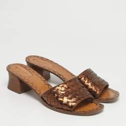Pre Owned Bottega Veneta Bronze Intrecciato Leather Ravello Slide Sandals Size 41