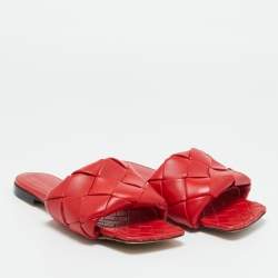 Pre Owned Bottega Veneta Lido Size 38 Red Intrecciato Leather Flat Slide