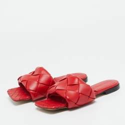 Pre Owned Bottega Veneta Lido Size 38 Red Intrecciato Leather Flat Slide