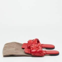 Pre Owned Bottega Veneta Lido Size 38 Red Intrecciato Leather Flat Slide