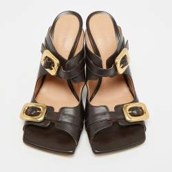 Pre Owned صندل بوتيغا فينيتا سلايد جلد بني غامق برباط مرن وحجم 38