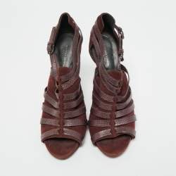 مملوكة مسبقًا Bottega Veneta Size 38 Burgundy Lizard Embossed Leather and Suede Strappy Sandals