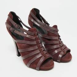 مملوكة مسبقًا Bottega Veneta Size 38 Burgundy Lizard Embossed Leather and Suede Strappy Sandals