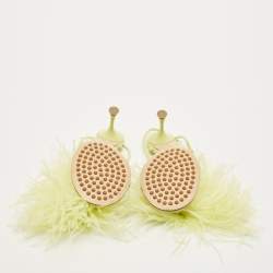 Pre Owned Bottega Veneta Dot Size 35.5 Green Feather and Leather Ankle Strap Sandals