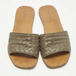 Pre Owned Bottega Veneta Size 37.5 Dark Brown Intrecciato Leather Flat Slide