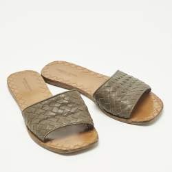 Pre Owned Bottega Veneta Size 37.5 Dark Brown Intrecciato Leather Flat Slide