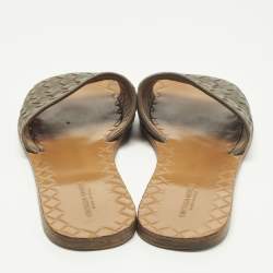 Pre Owned Bottega Veneta Size 37.5 Dark Brown Intrecciato Leather Flat Slide