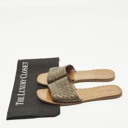 Pre Owned Bottega Veneta Size 37.5 Dark Brown Intrecciato Leather Flat Slide