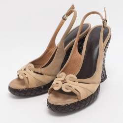 Pre Owned Bottega Veneta Wave Size 37 Beige Suede Intrecciato Wedge Sandals